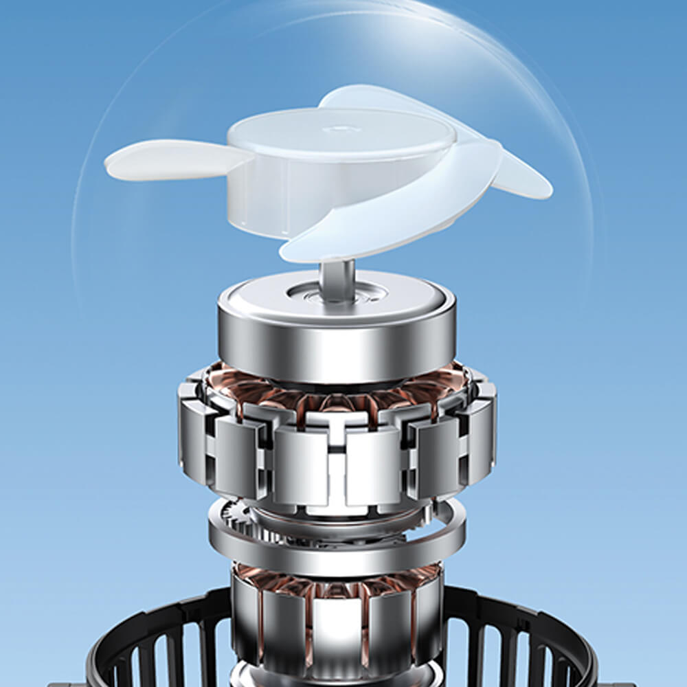 Babelio USB mini fan motor and blades close-up, portable cooling device against blue background