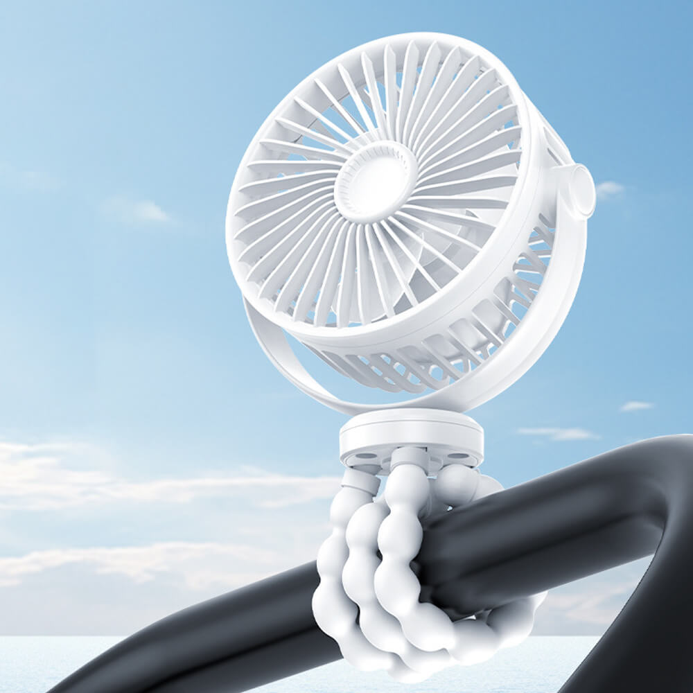 Babelio portable USB mini fan with flexible octopus legs attached to a stroller outdoors
