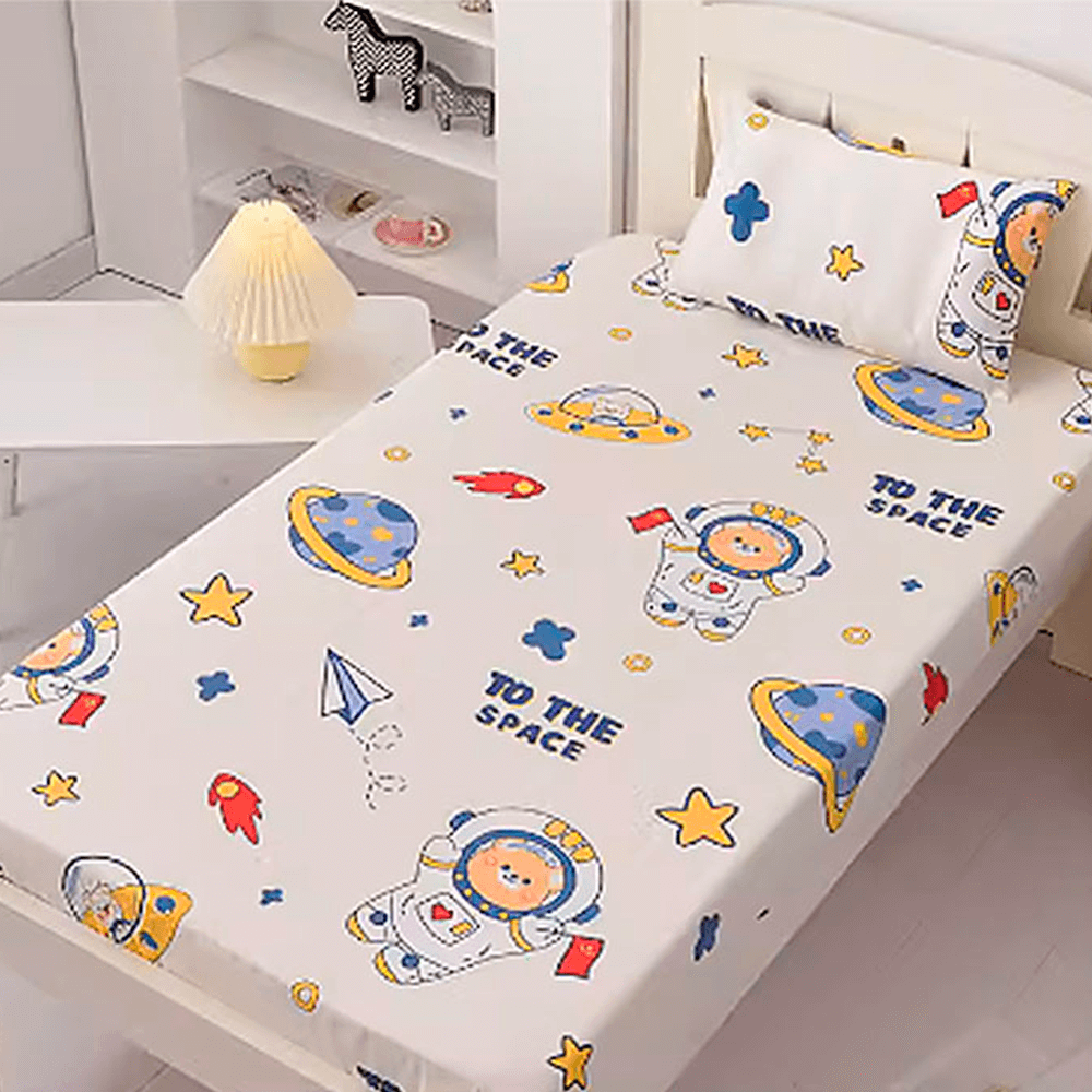 Babelio crib mattress with playful cartoon astronaut and space pattern in a nursery room
