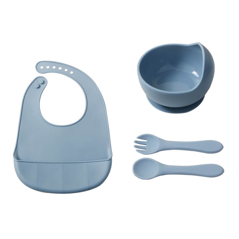 Babelio blue silicone baby feeding set with bib, bowl, spoon, and fork on white background