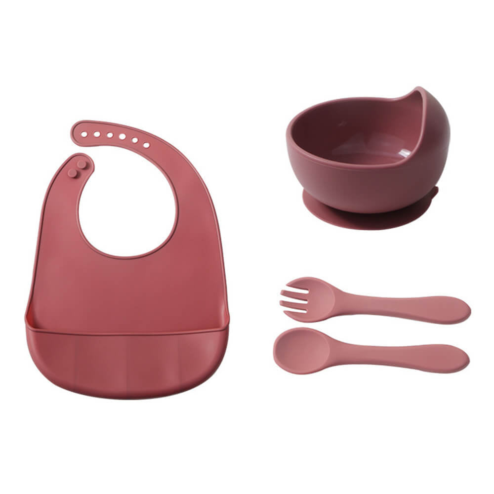 Babelio silicone baby feeding set with bib, bowl, spoon, and fork in pink, nursery tableware