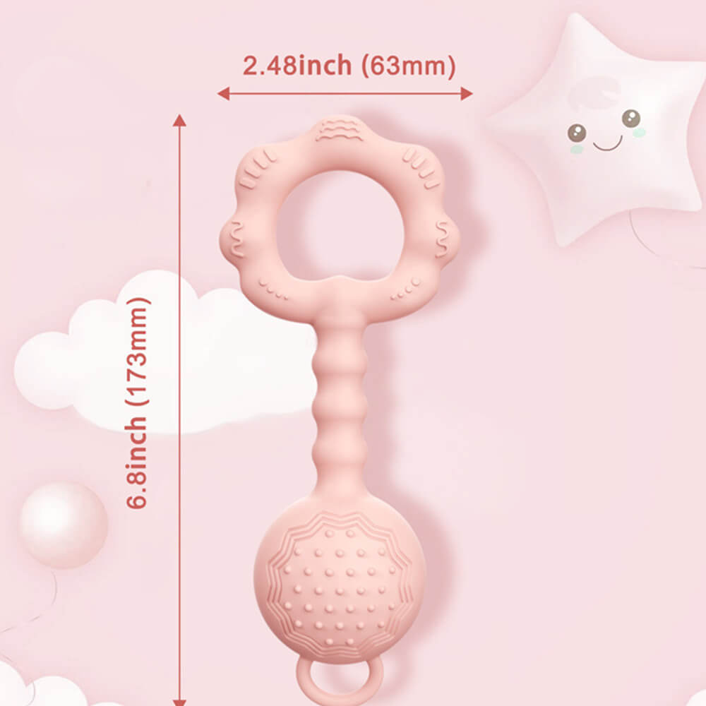 Babelio silicone baby teething rattle toy in pink, size dimensions shown, nursery decor