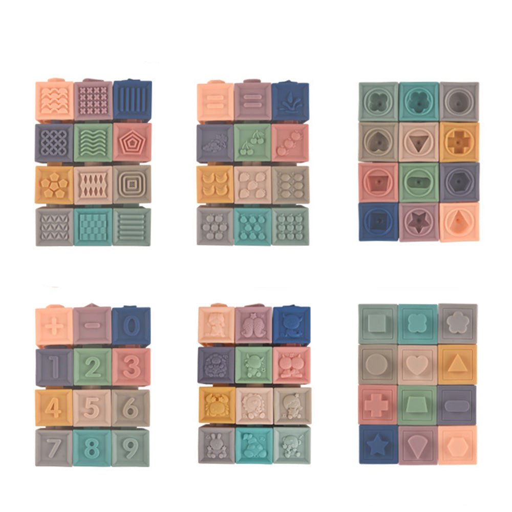 Babelio pastel silicone baby sensory blocks with numbers, shapes, and textures for nursery play
