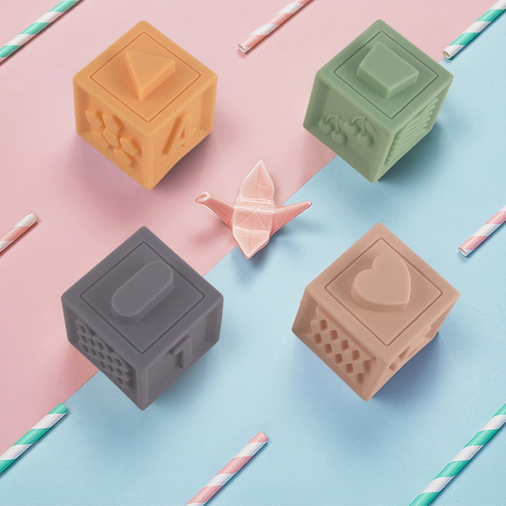 Babelio soft silicone baby blocks with shapes and numbers on a pastel nursery background