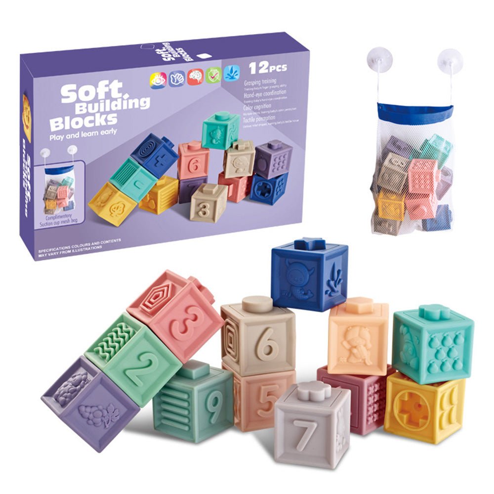 Babelio soft building blocks for babies, 12 pastel-colored sensory cubes with storage bag