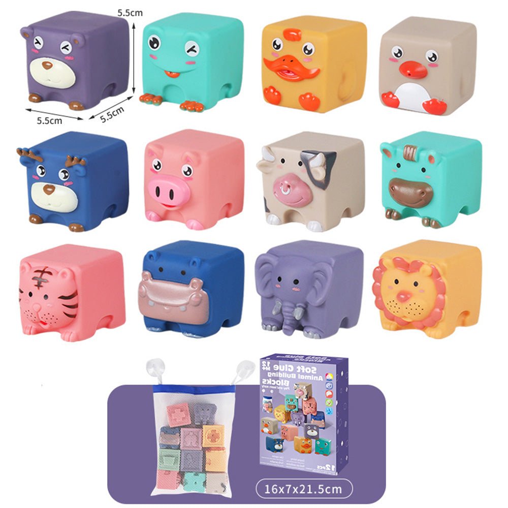 Babelio colorful soft animal building blocks set for babies, shown with gift box and mesh bag