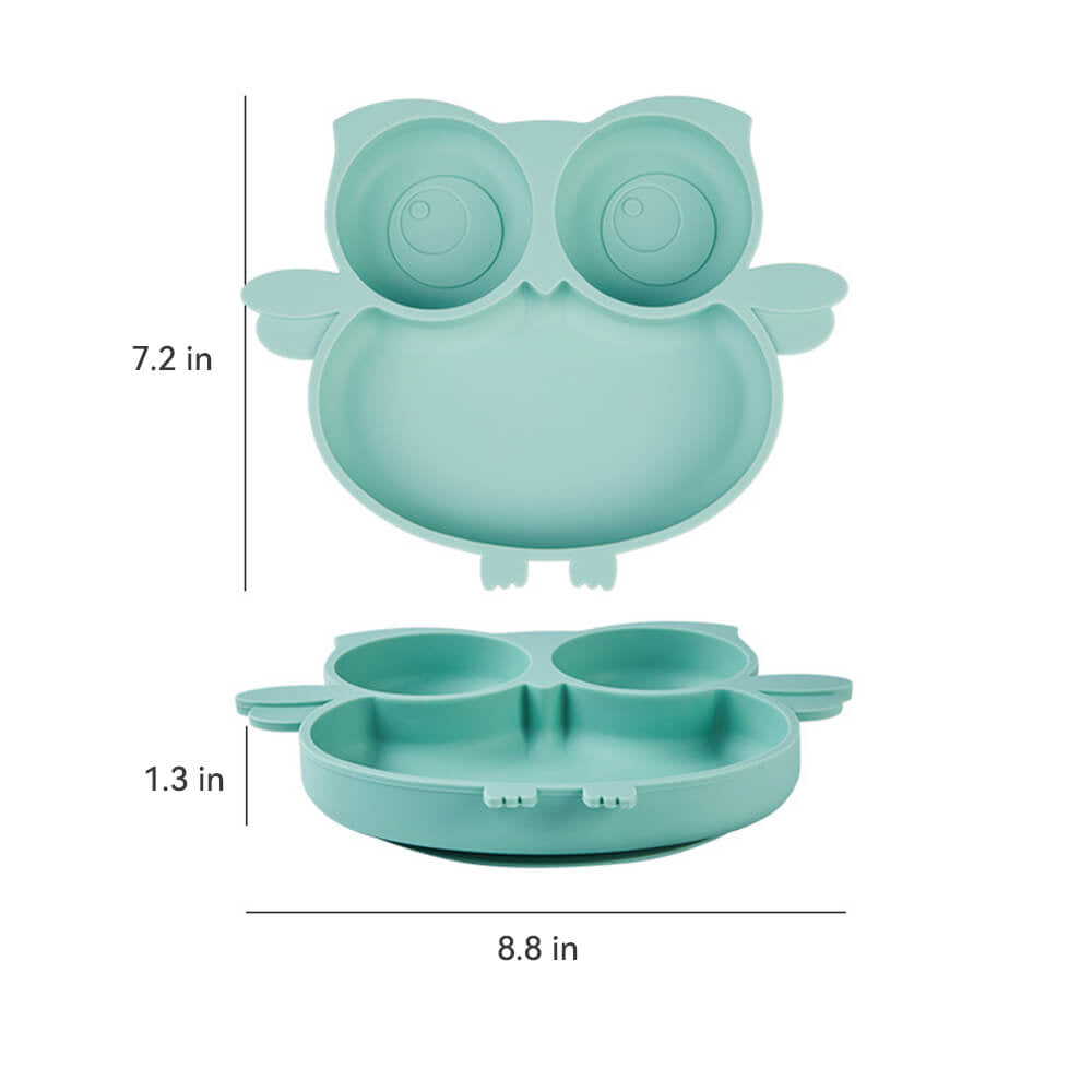 LulliNini Toddler Plates - Owl Kids Silicone Meal Plate, Divided, Anti - Fall, Training Feeding Dish - babeliobaby - Green - 