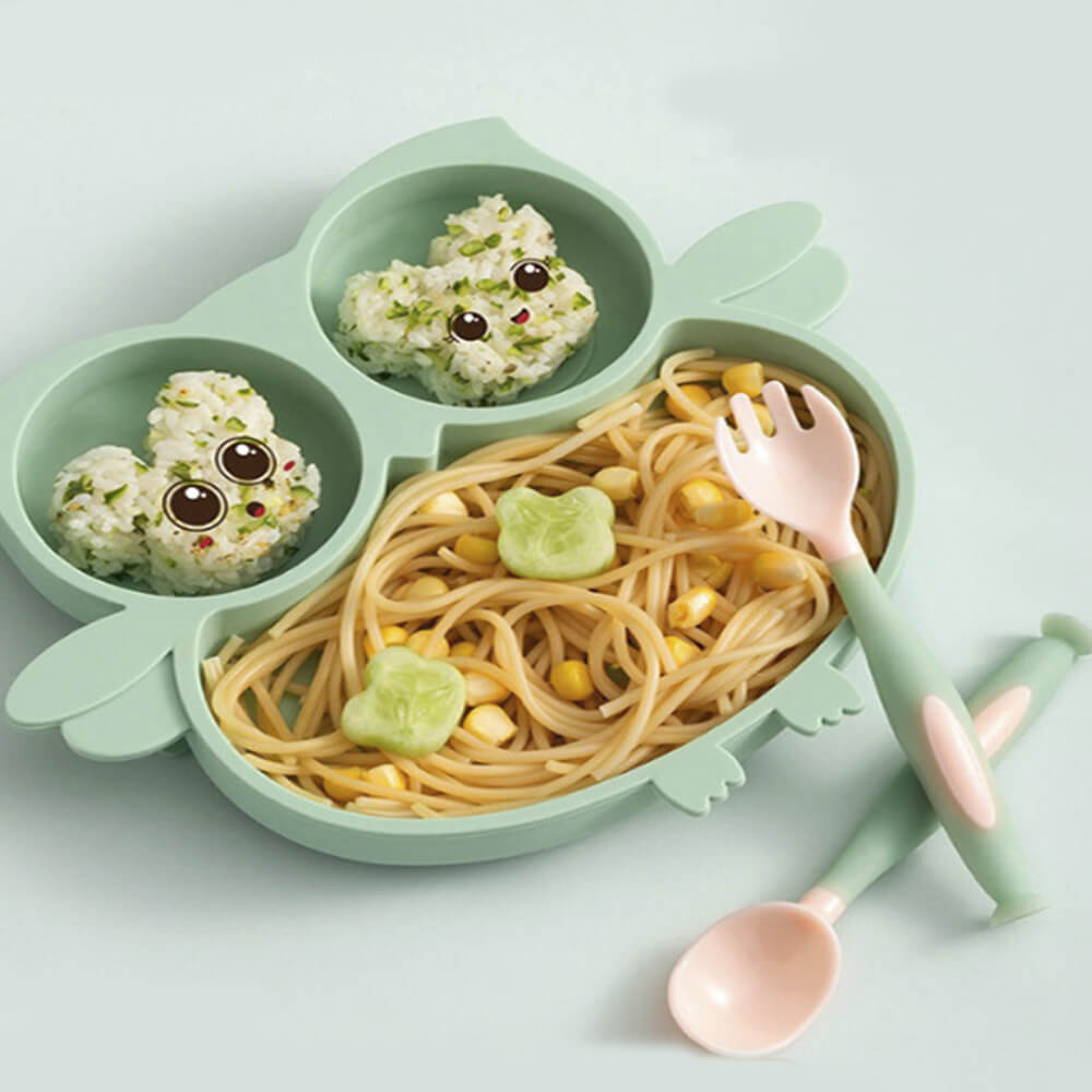 LulliNini Toddler Plates - Owl Kids Silicone Meal Plate, Divided, Anti - Fall, Training Feeding Dish - babeliobaby - Green - 