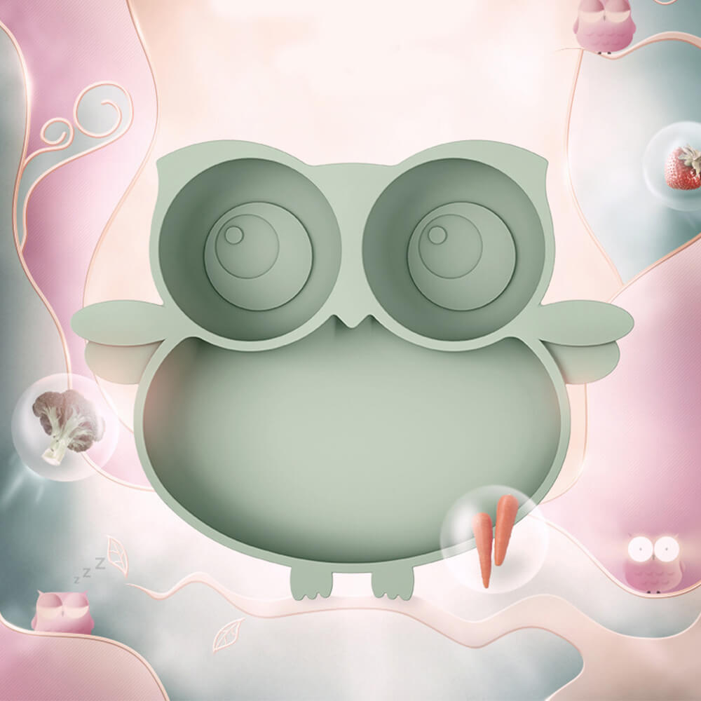 Babelio owl-shaped silicone toddler plate with divided sections on a pastel background
