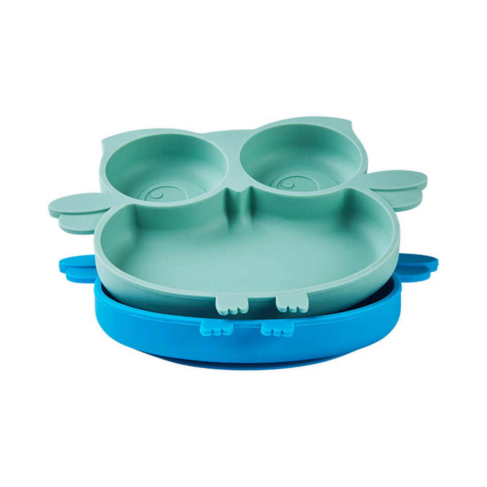 Babelio owl-shaped silicone toddler plates, divided feeding dish, stacked on white background