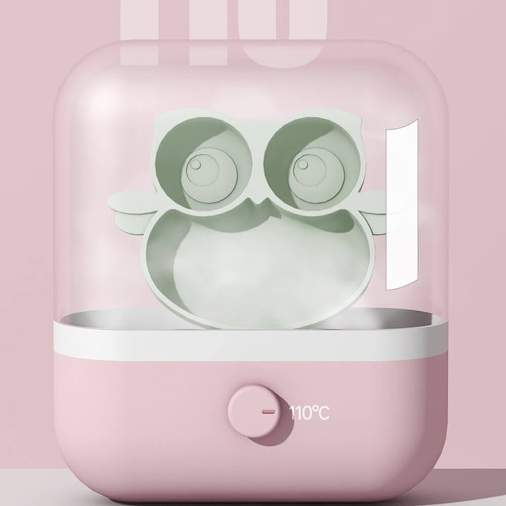 Babelio owl-shaped silicone baby plate in a pink kitchen sterilizer