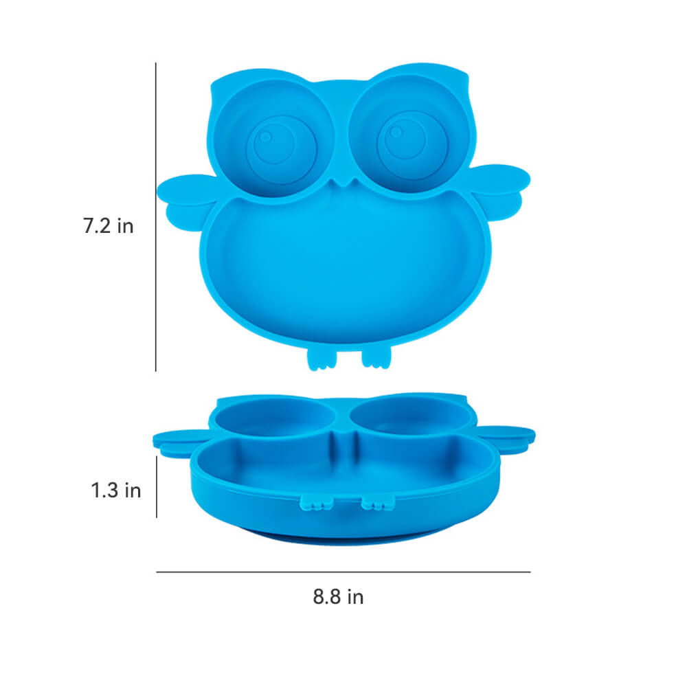 Babelio blue silicone owl toddler plate with divided sections and measurements shown