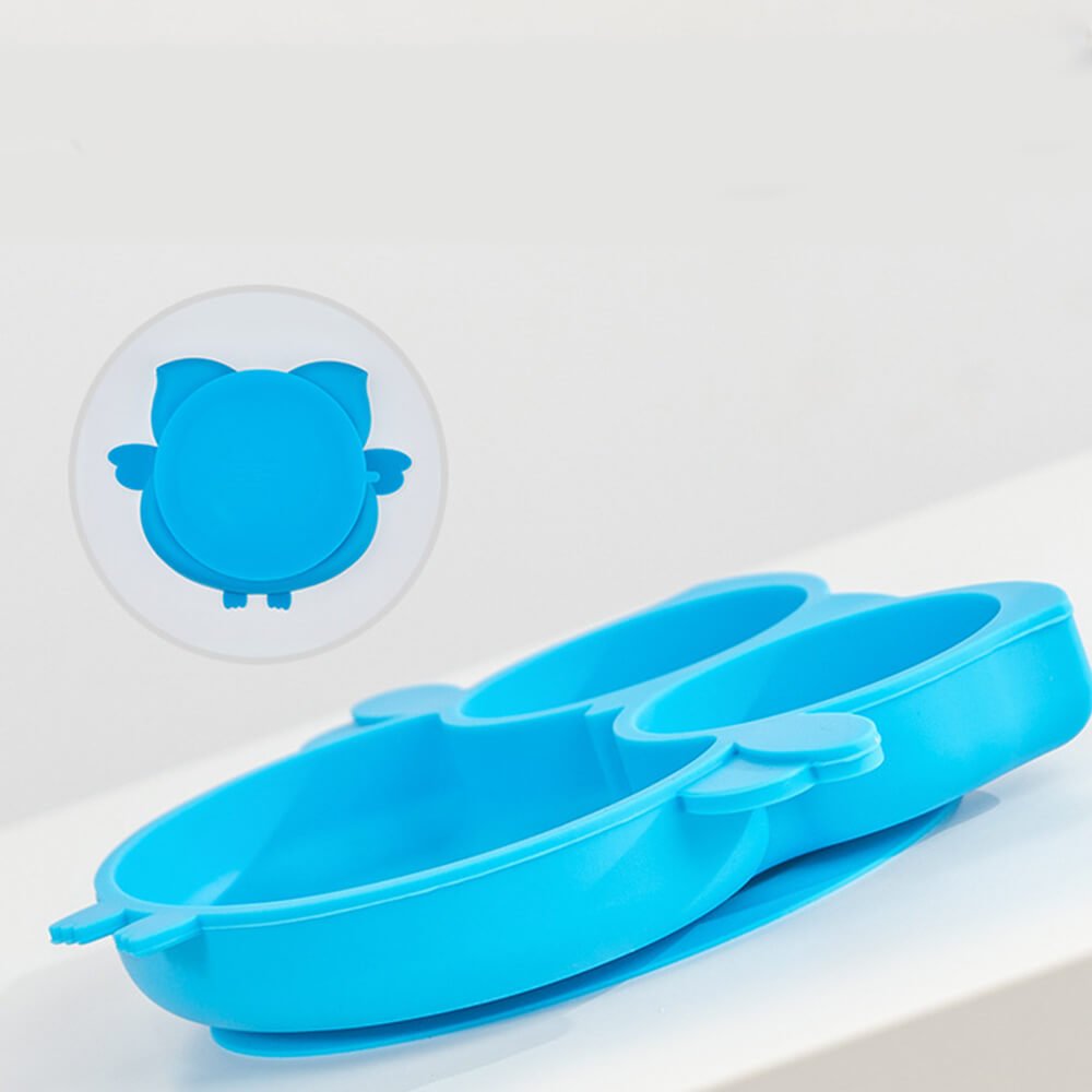 LulliNini Toddler Plates - Owl Kids Silicone Meal Plate, Divided, Anti - Fall, Training Feeding Dish - babeliobaby - Blue - 