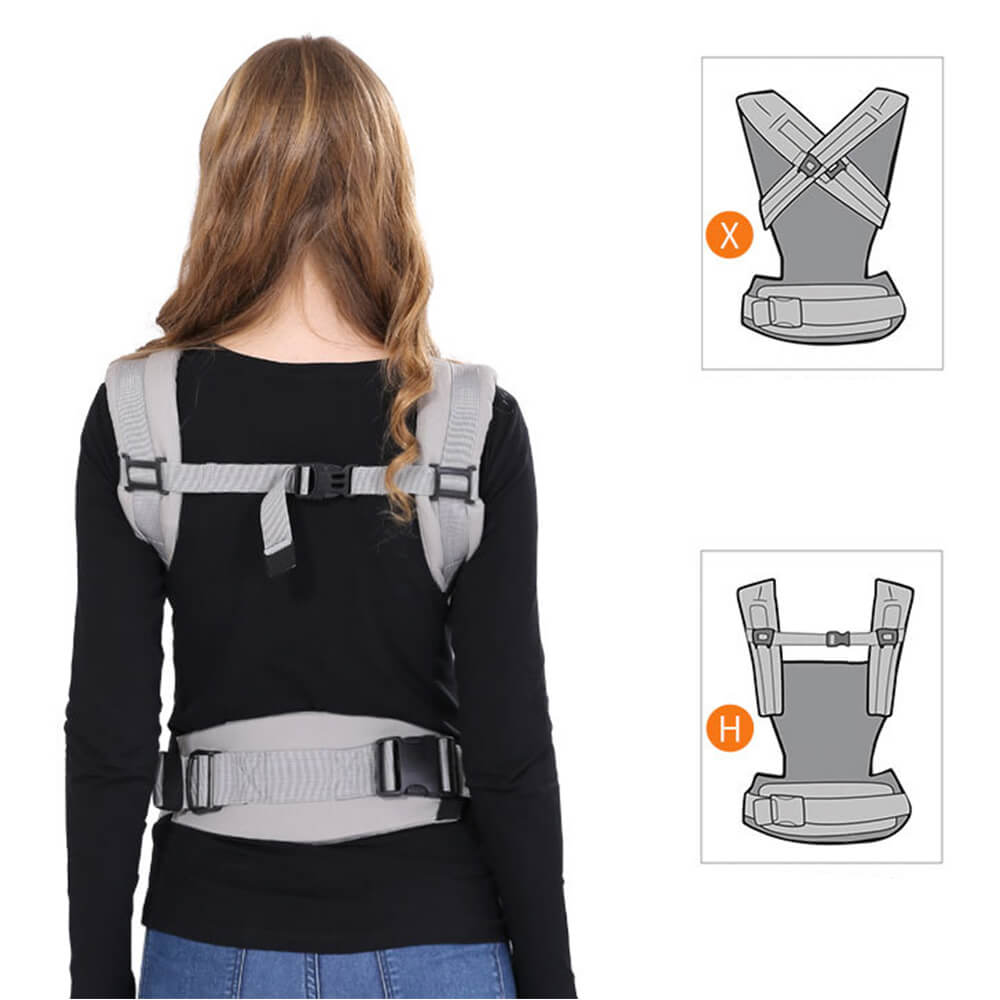 Babelio ergonomic baby carrier worn on back, with harness adjustment guide, home setting