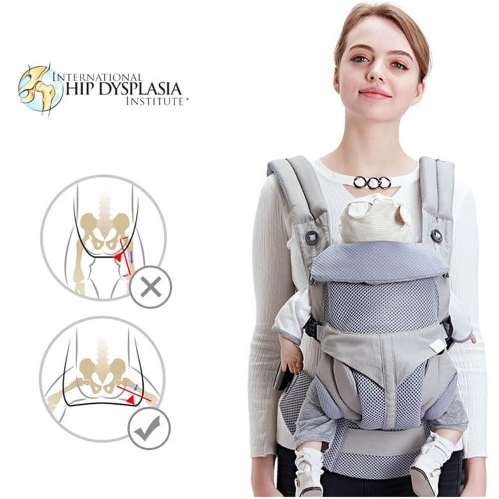Babelio ergonomic baby carrier with infant, model in casual outfit, white background.