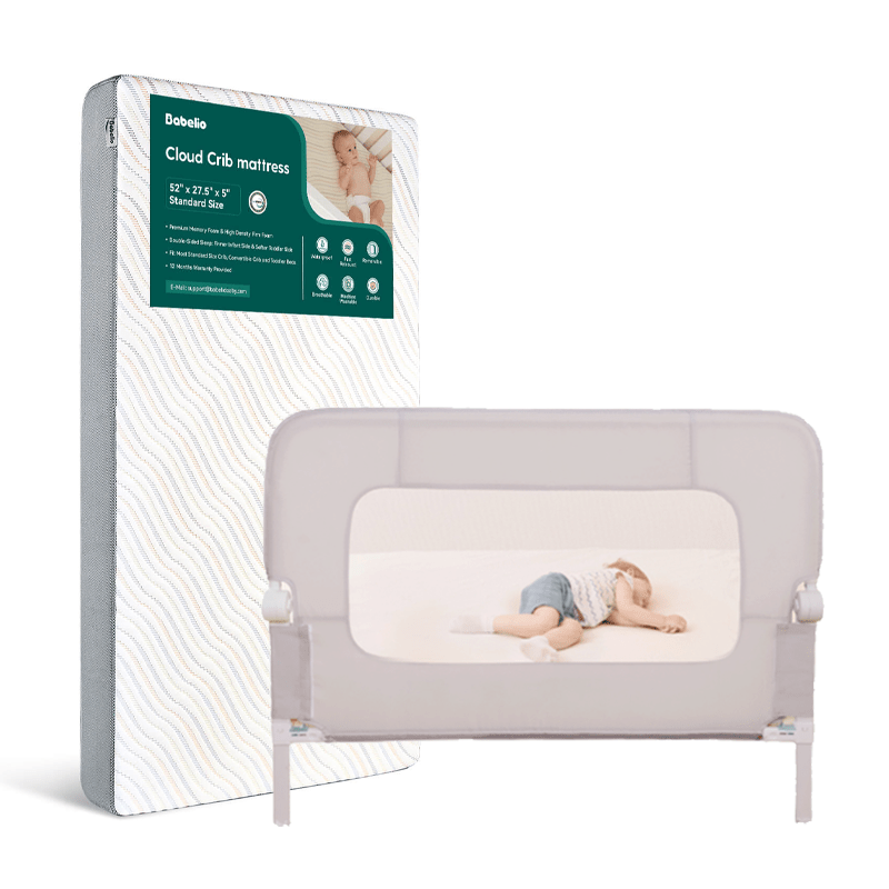 Babelio crib mattress and baby safety gate with sleeping child in nursery