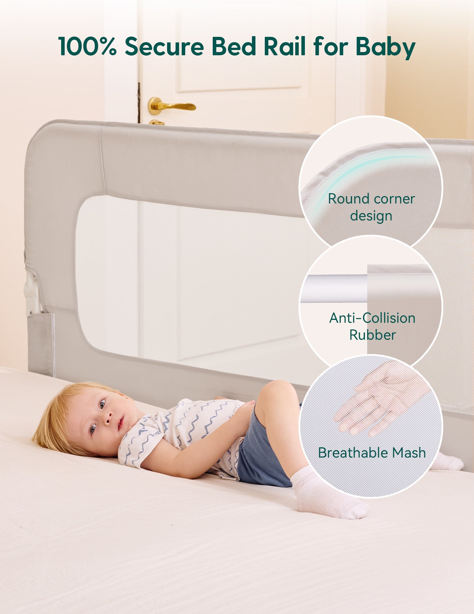 Babelio adjustable bed safety rail with round corners and breathable mesh in nursery bedroom