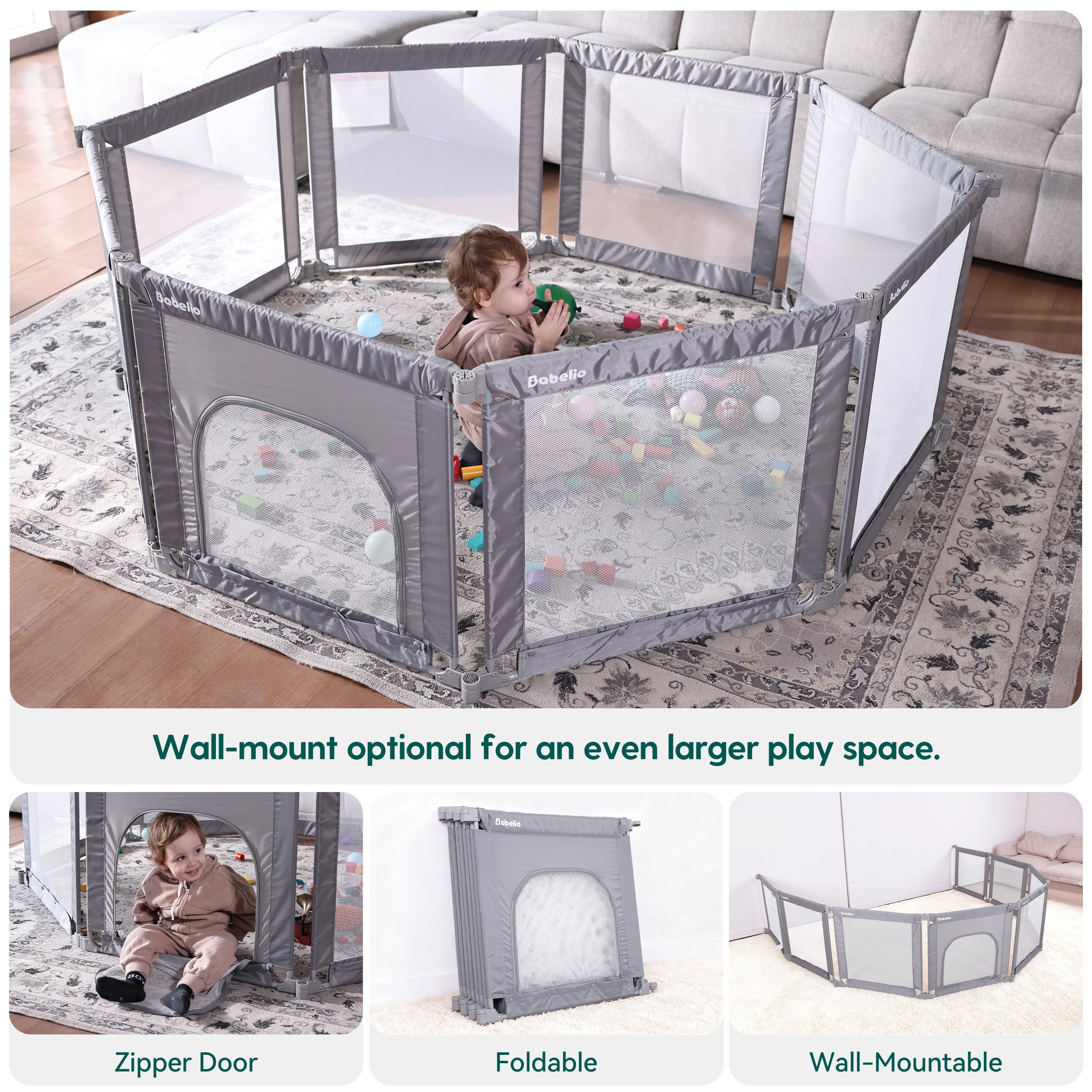 summer infant foldable playpen Gray / 8 Panel(62"*62"*27“ inch) MorphGuard