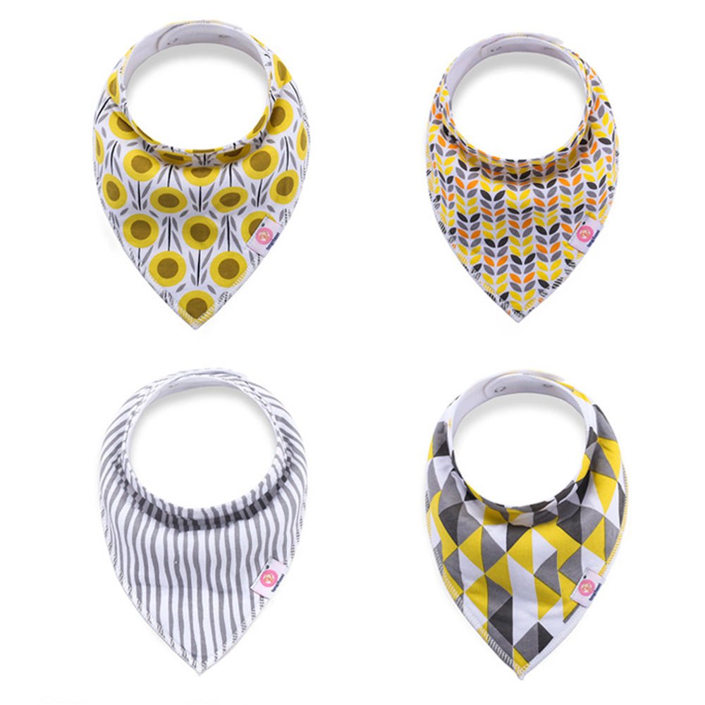 Babelio baby bibs in geometric and floral patterns, yellow and grey, laid flat.