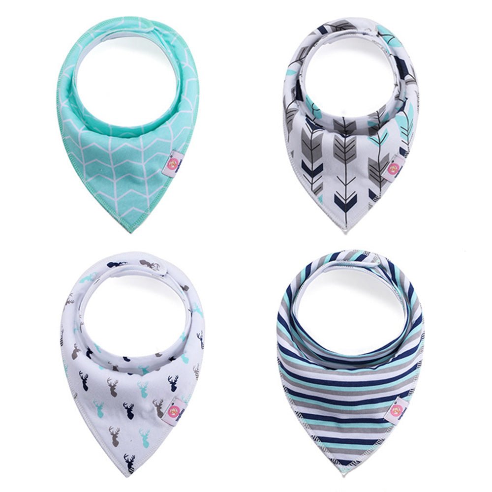 Babelio baby bandana bibs set with geometric, arrow, deer, and striped prints on white background