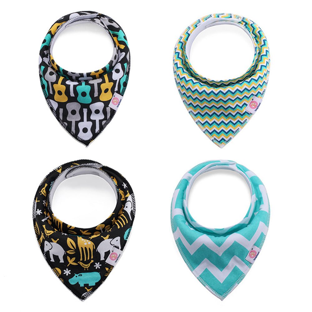 Babelio baby bandana bibs in colorful animal and zigzag patterns, assorted set of four.
