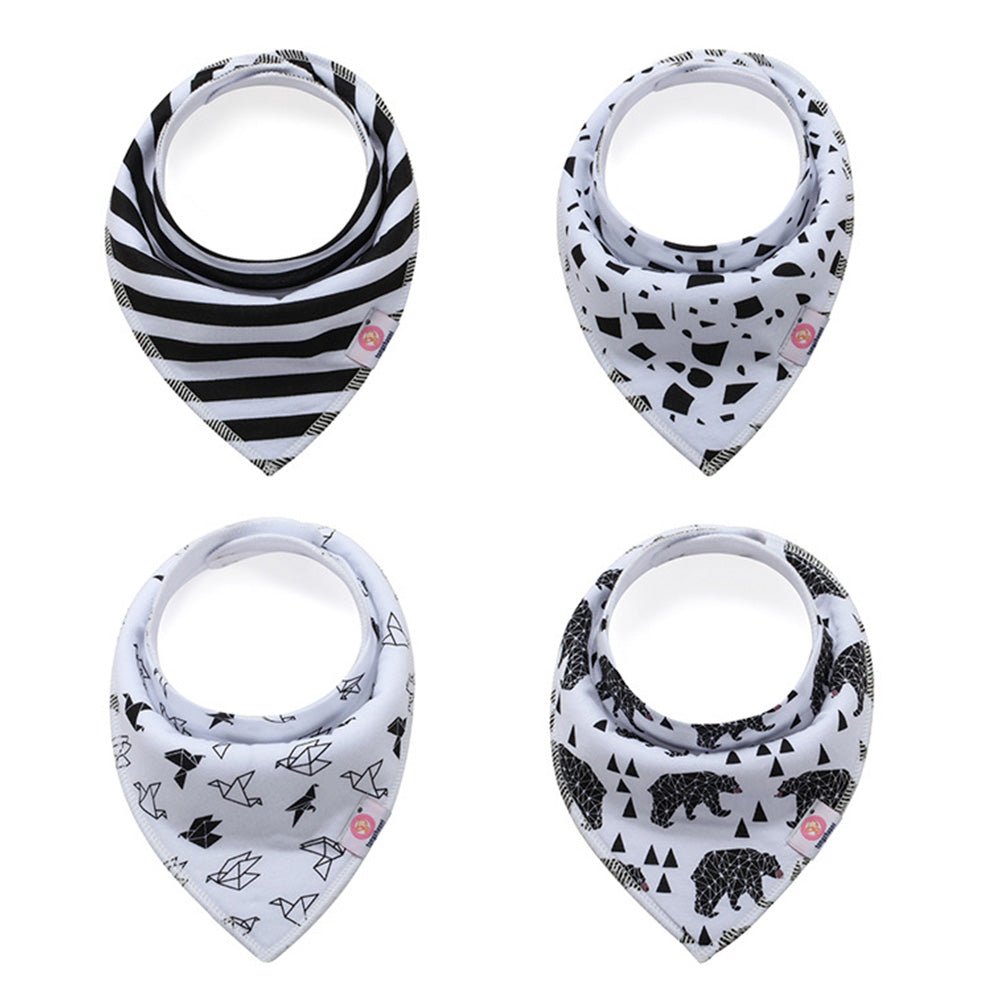 Babelio baby bandana bib set with modern black and white patterns, ideal for nurseries.