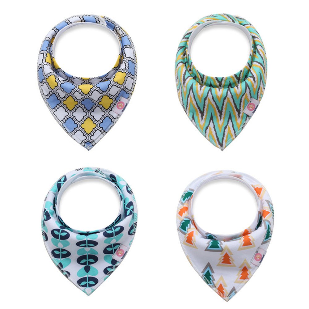 Babelio colorful patterned baby bandana bibs set, nursery accessory, four designs shown.
