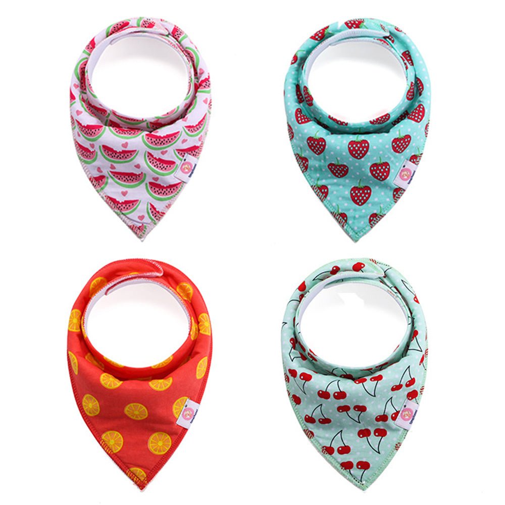 Babelio baby bandana bibs with colorful fruit prints, set of four on white background