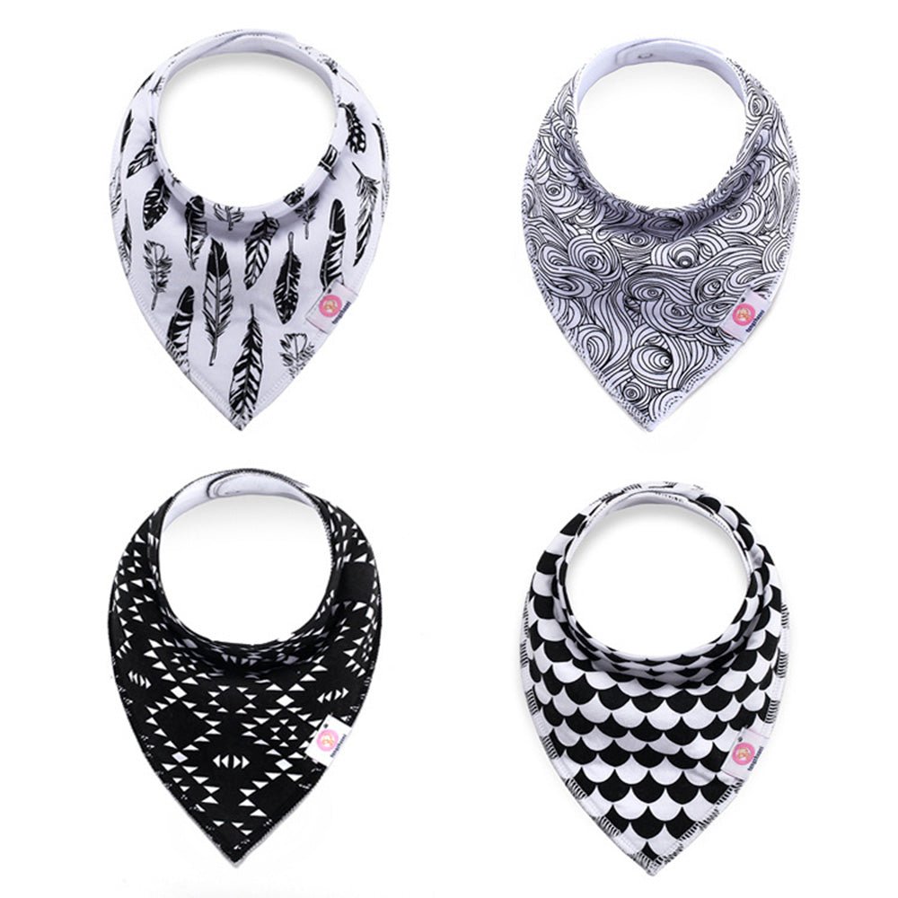 Babelio baby bandana bibs in black and white patterns, four pack, on white background