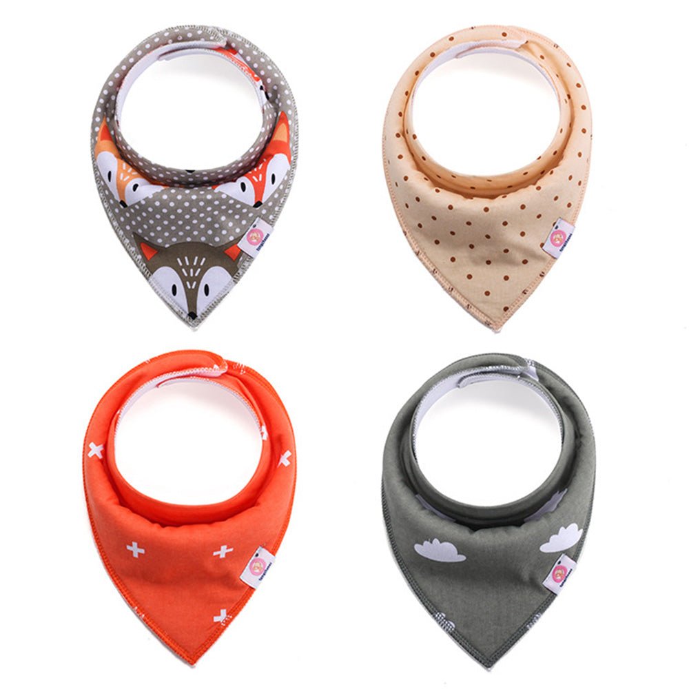 Babelio baby bandana bibs in assorted patterns and colors, neatly arranged on white background