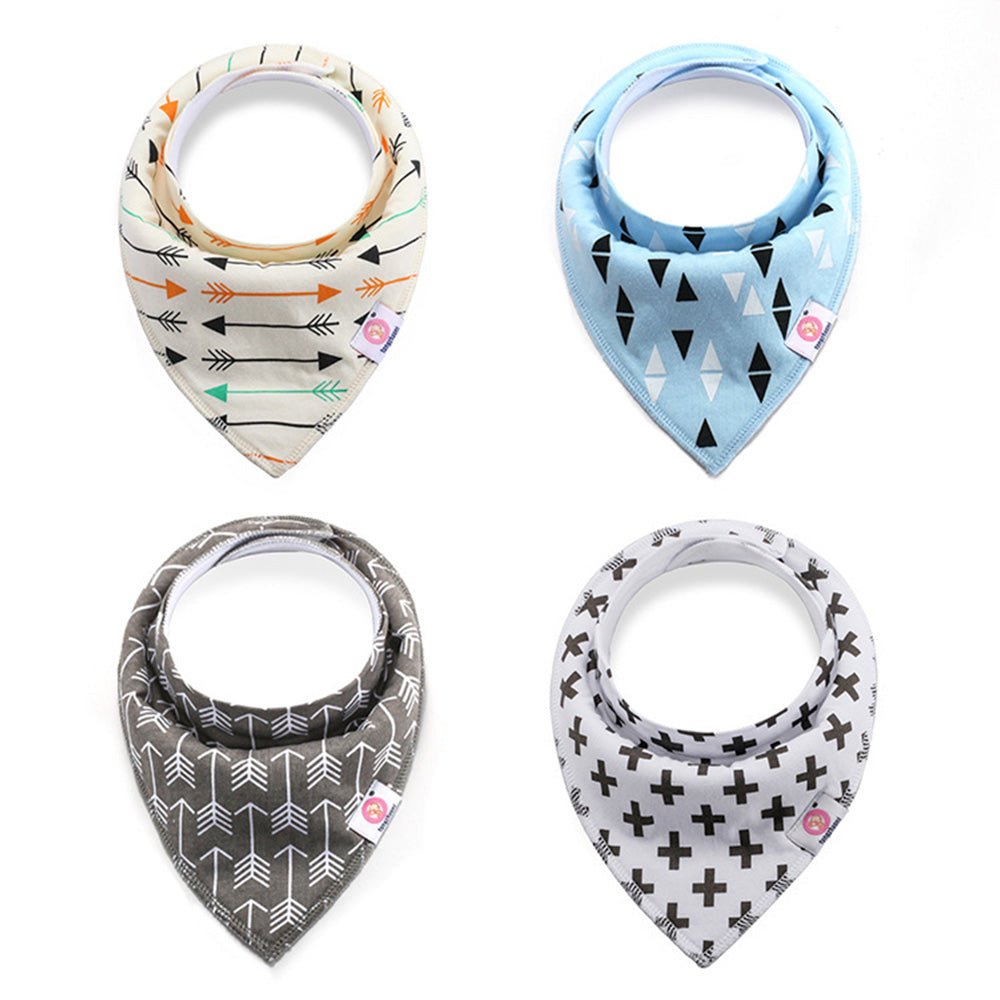 Babelio baby bandana bibs set with arrow and geometric patterns, assorted colors on white background