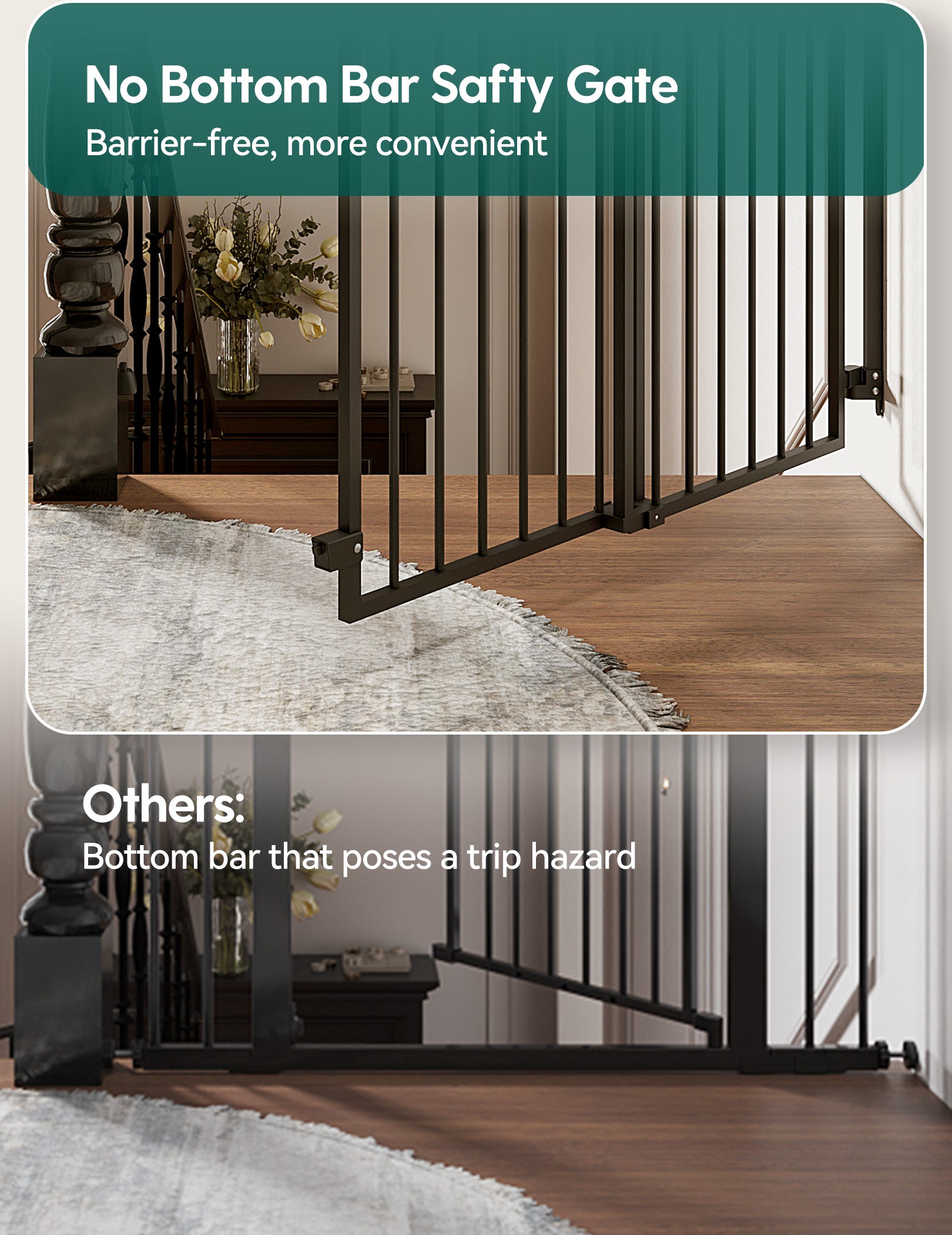 Hardware-mounted baby gate without a bottom bar for barrier-free passage compared to a traditional gate with a bottom threshold that poses a trip hazard, highlighting the safe and convenient design of the Boundless S12 series by Babelio.