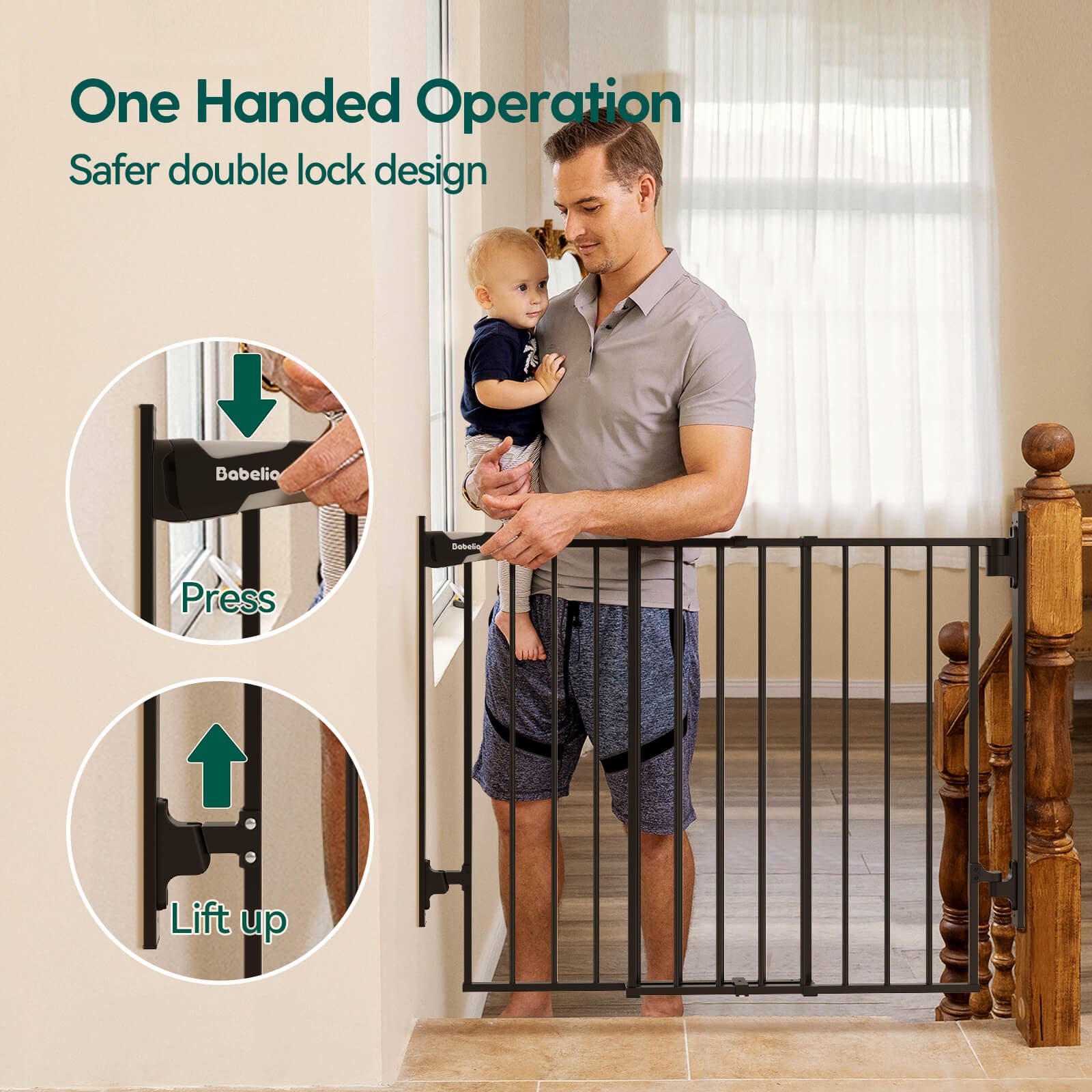Baby gate designed for one-handed operation with a safer double lock system, allowing parents to open the gate while holding a child, combining convenience and security, from the Boundless D8 series by Babelio.
