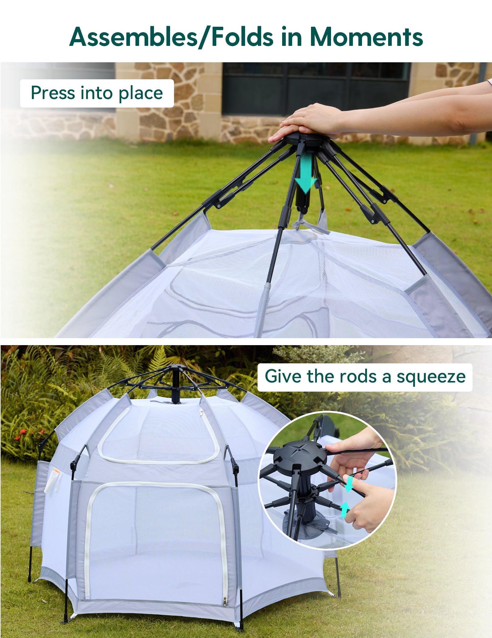 Babelio foldable baby playpen for outdoor use, easy assembly in grassy backyard.