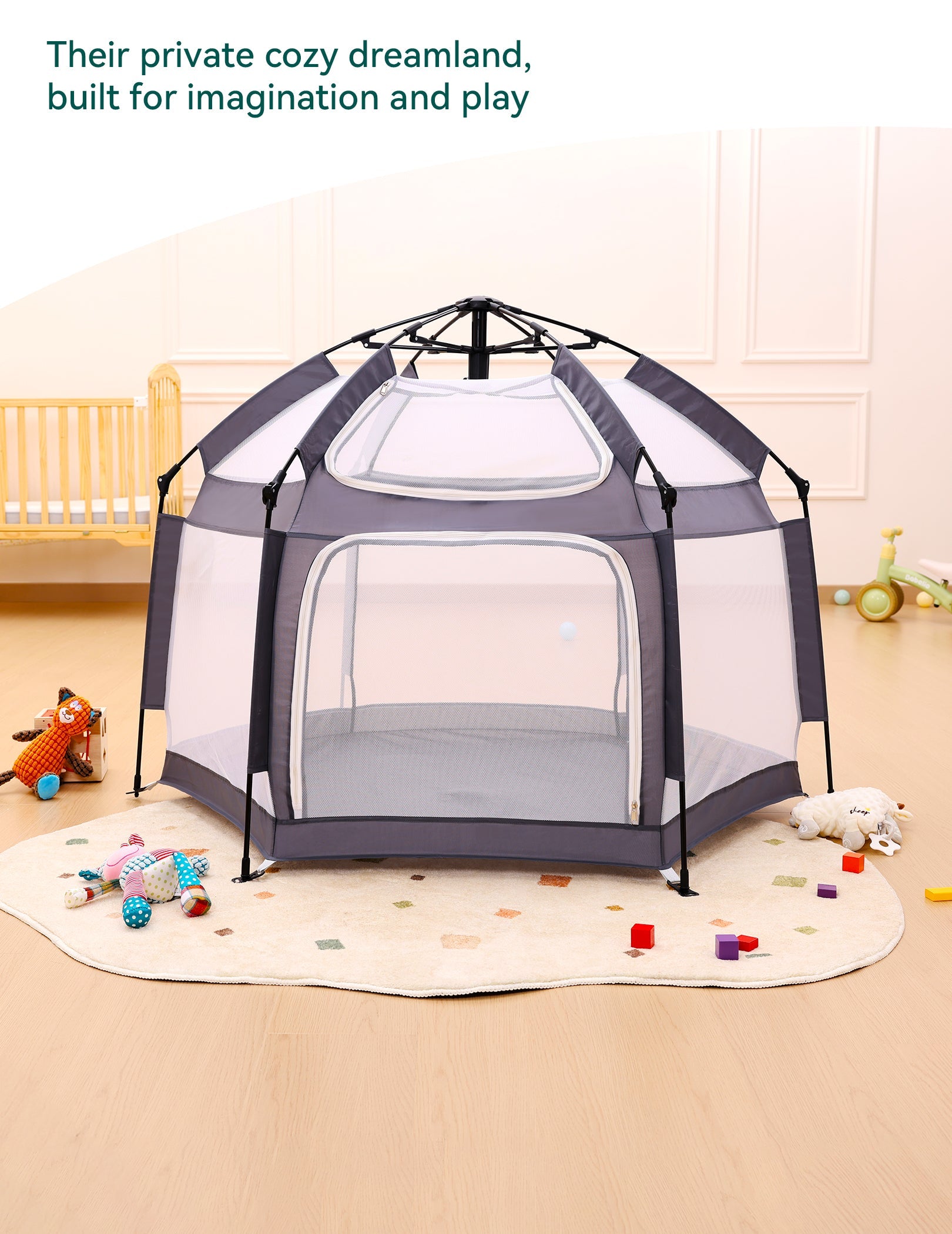 Babelio foldable baby playpen with toys on rug in bright nursery for safe playtime