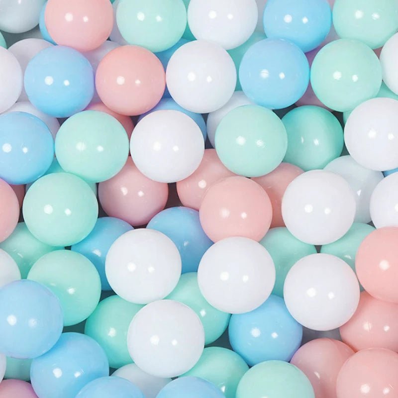 Babelio pastel baby play balls in blue, white, mint, and pink, perfect for nursery play areas