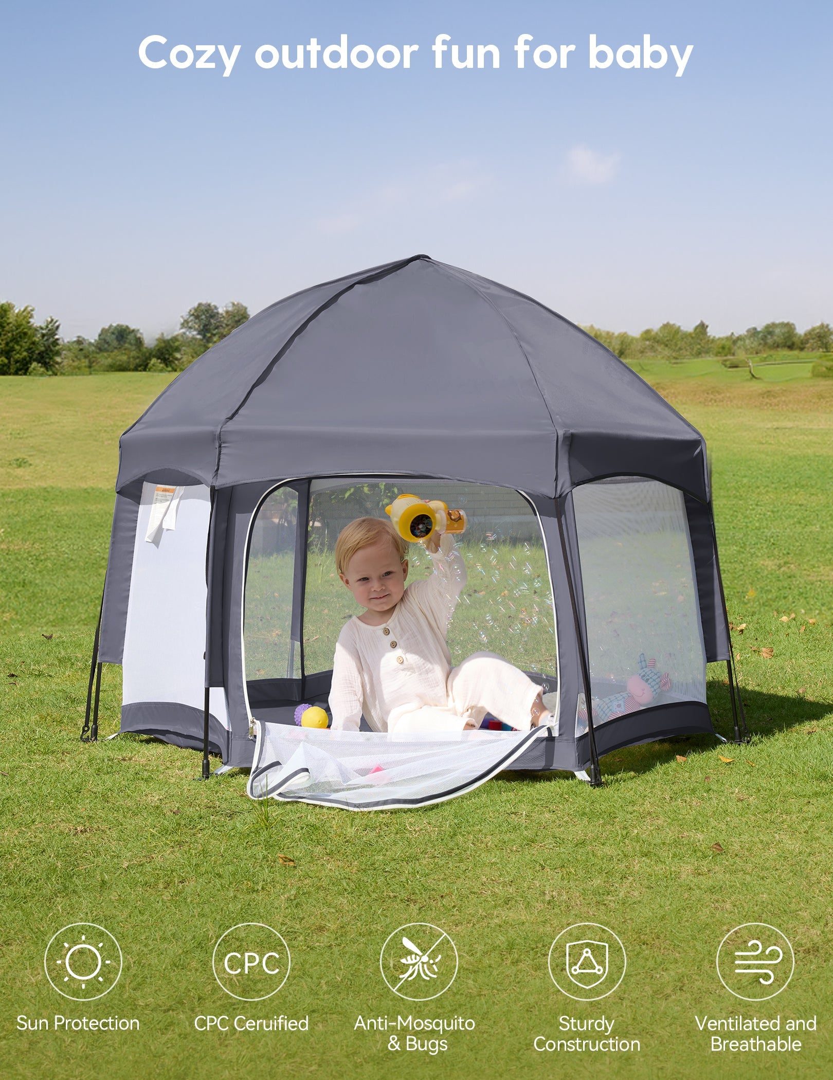 Babelio foldable baby playpen with canopy and ocean balls, outdoor lawn setting