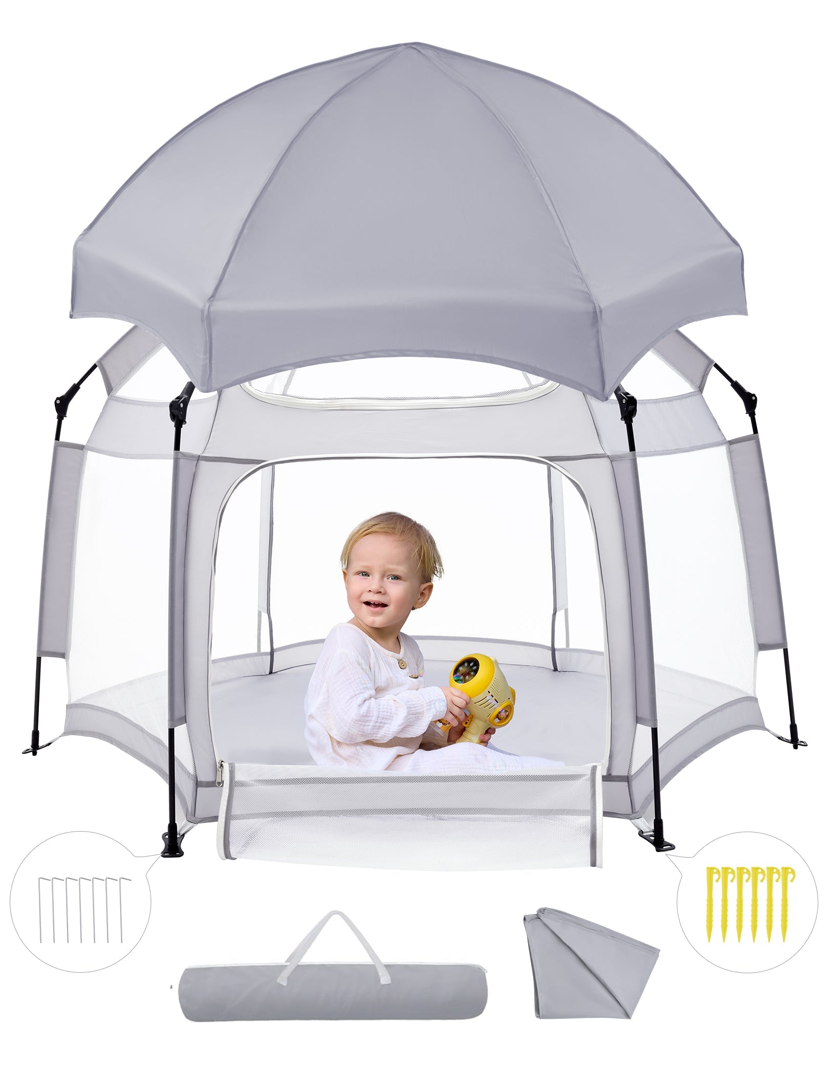 Babelio baby playpen with canopy, mesh sides, carrying bag, and accessories, shown outdoors.