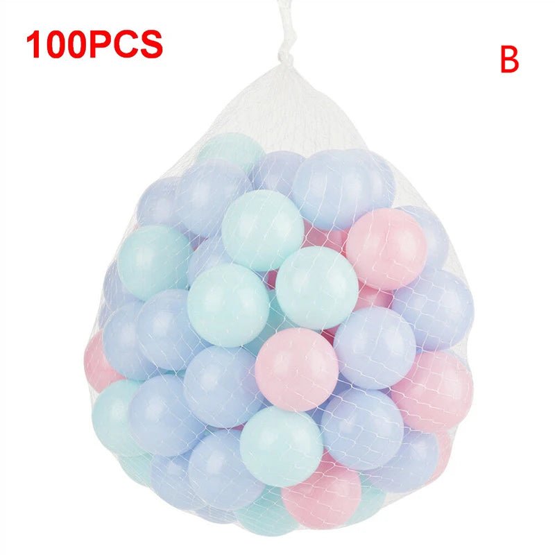 Babelio pastel play balls pack of 100 in mesh bag, ideal for baby nursery or playroom.