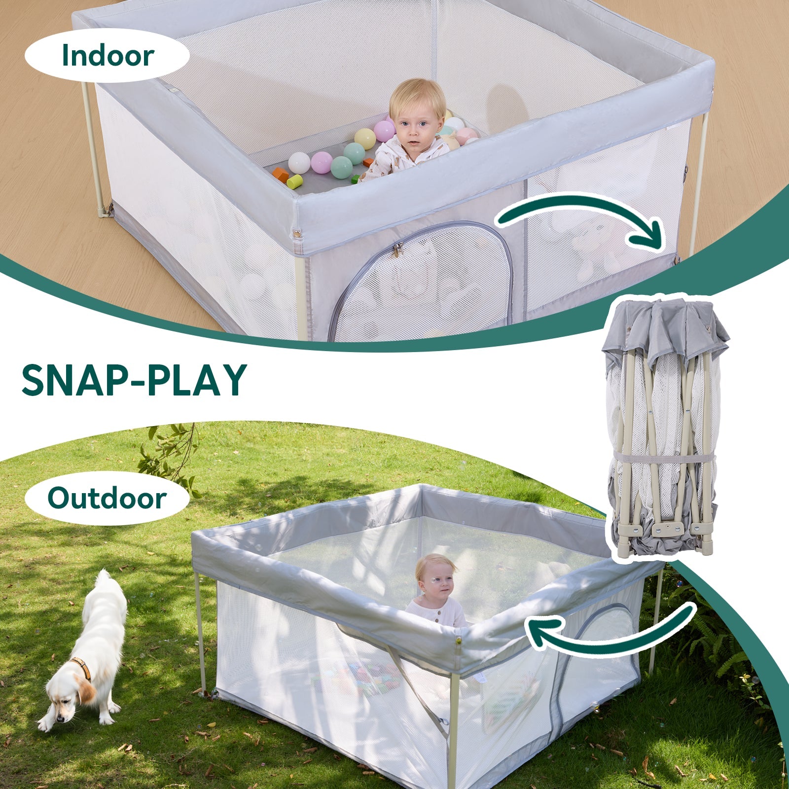 Babelio baby playpen for indoor and outdoor use, foldable, shown in nursery and garden settings.