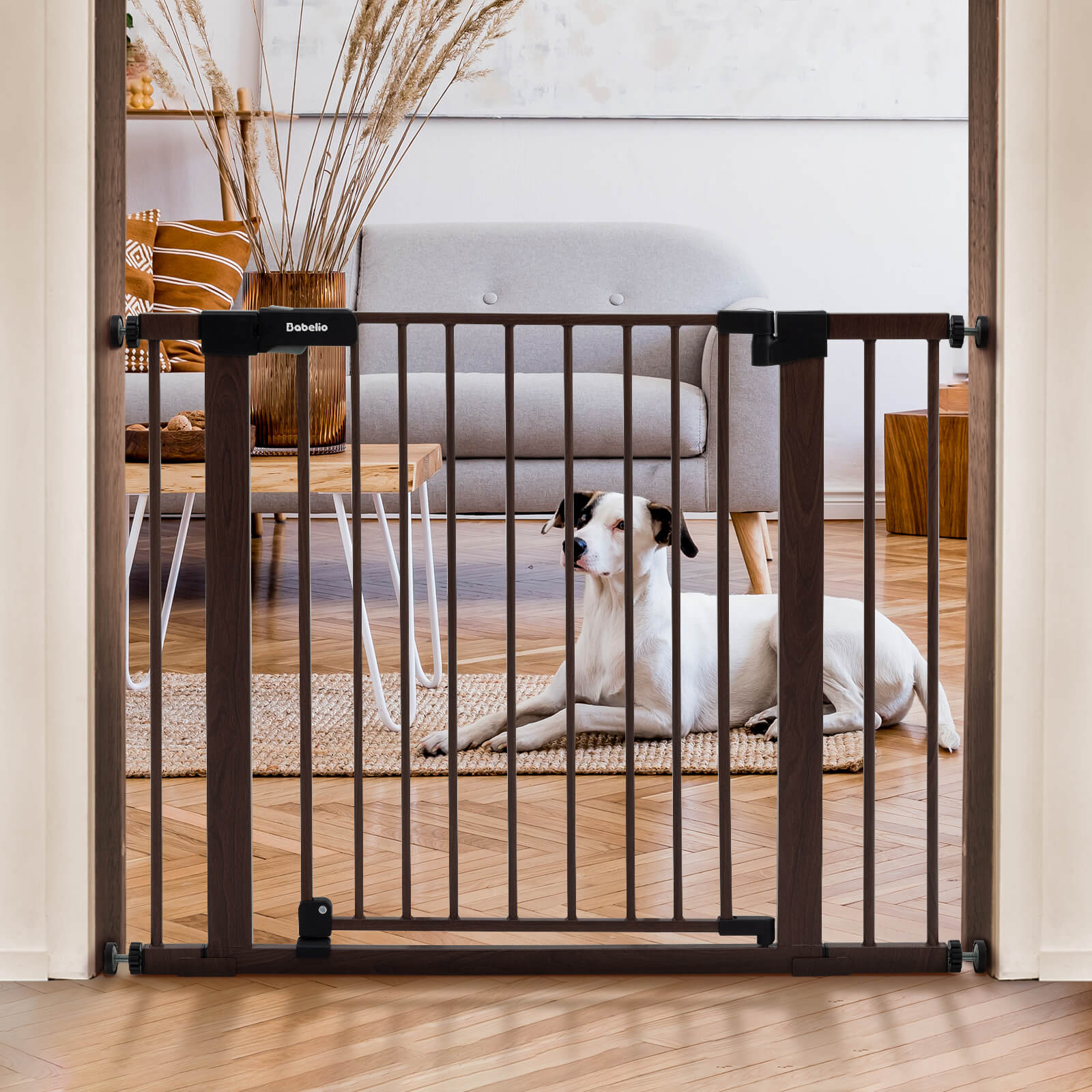 Babelio wood pattern baby safety gate at stairs entrance in modern living room setting