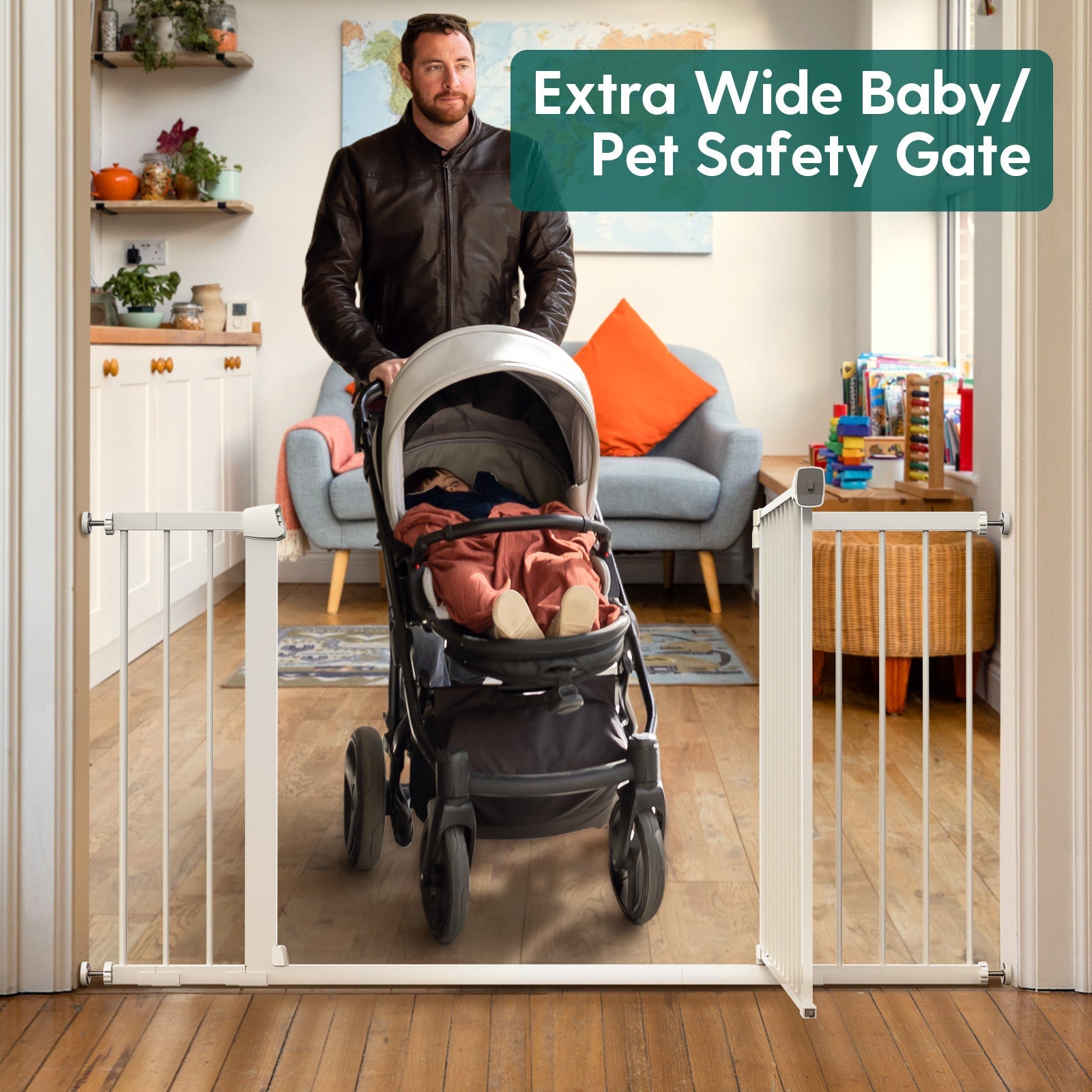Babelio extra wide baby safety gate installed in a living room, man pushing stroller