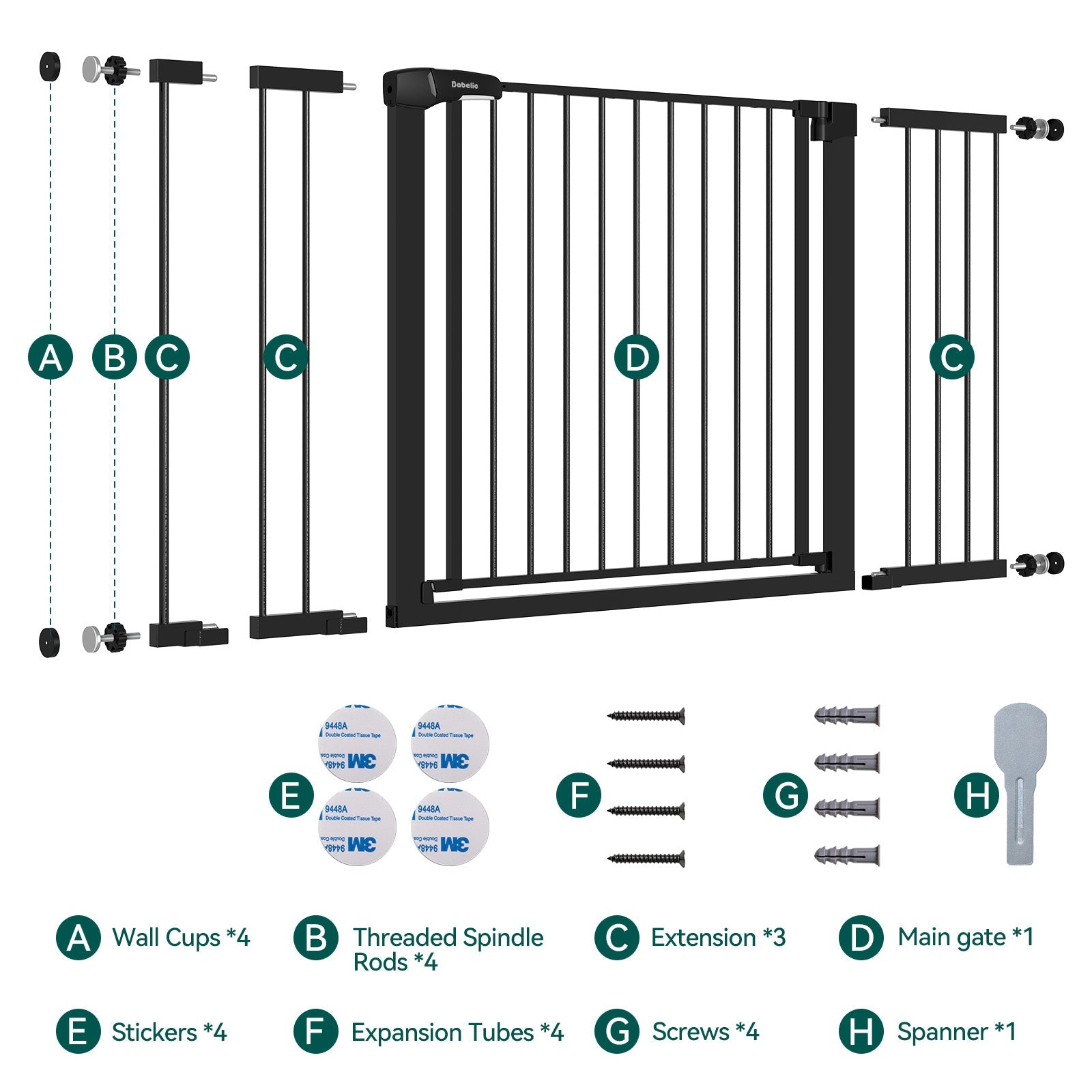 Babelio baby safety gate kit with black metal gate, wall cups, extensions, stickers, screws, and tools, ideal for securing stairs or doorways.