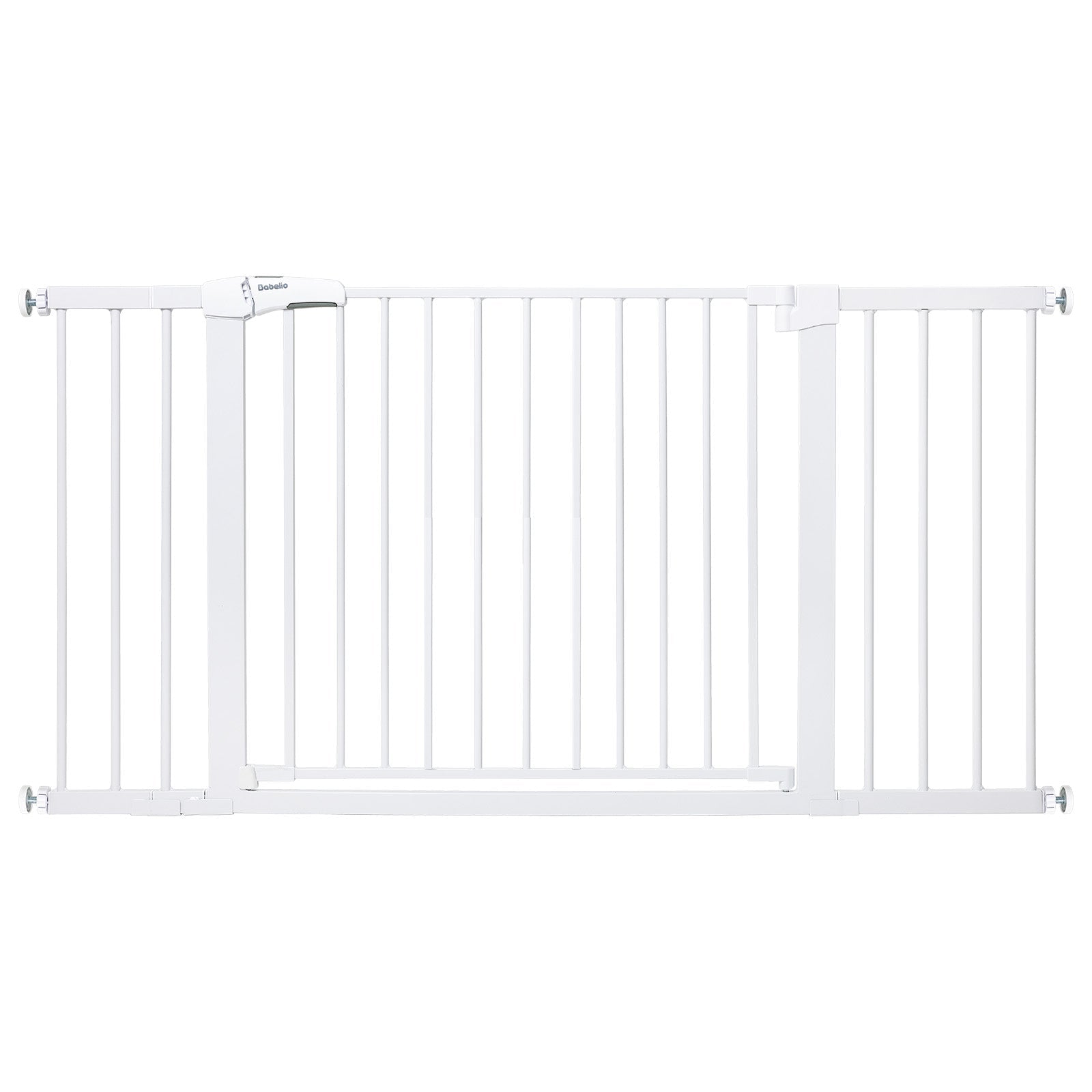 Babelio extra wide white baby safety gate for stairs and doorways, modern minimalist design.
