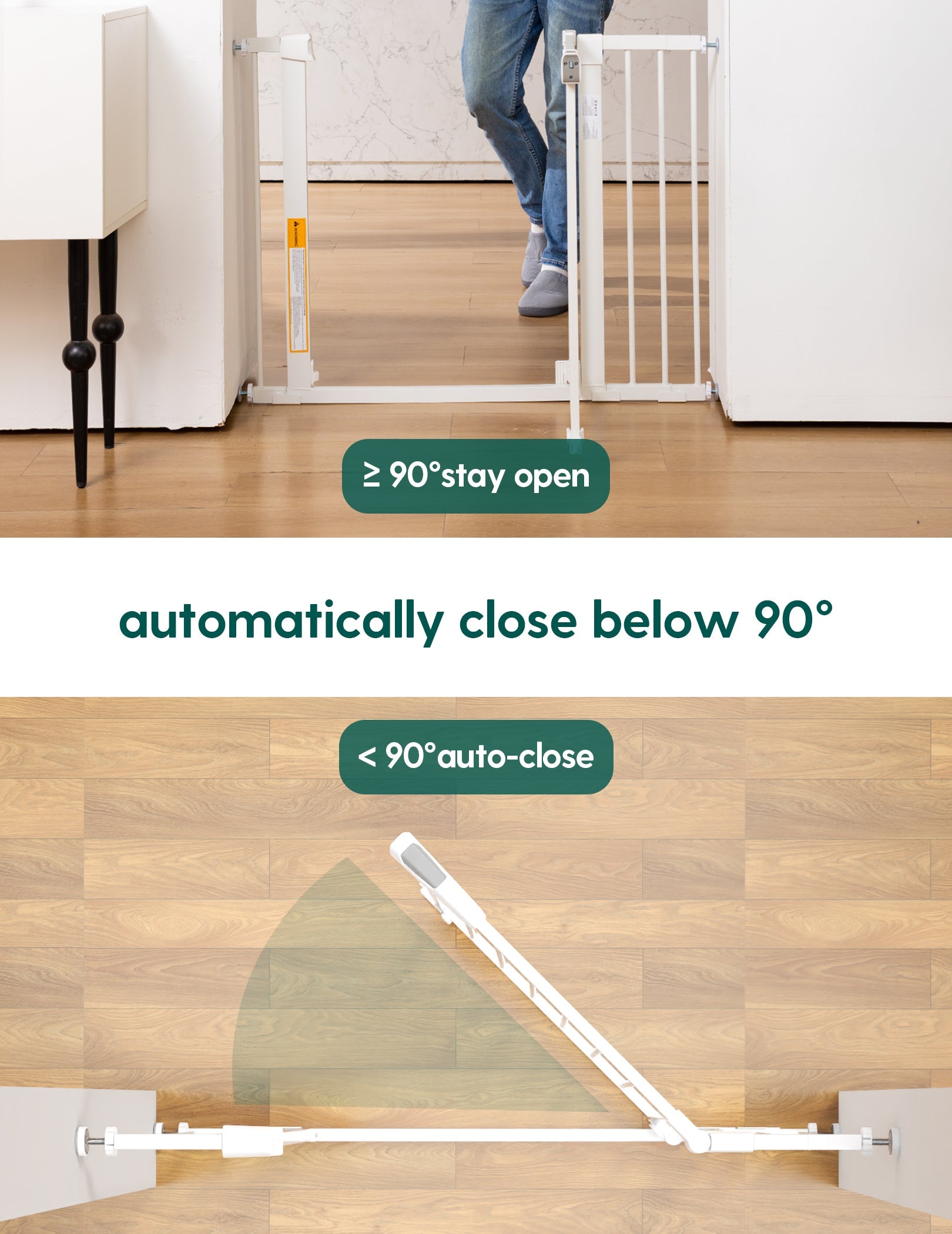 Babelio baby safety gate with auto-close feature in a modern hallway