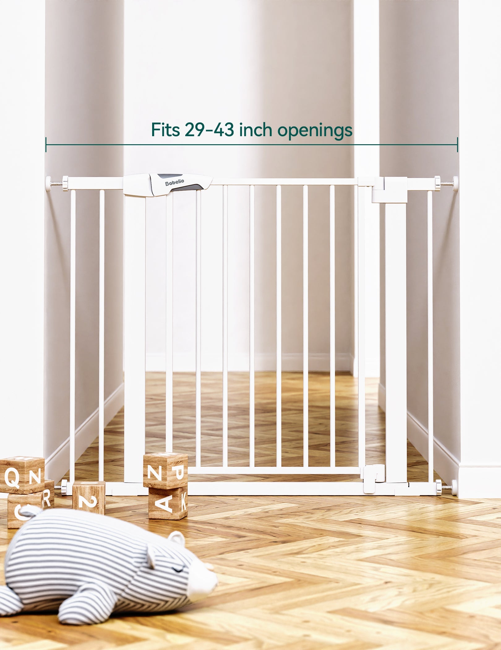 Babelio baby safety gate for 29-43 inch doorways in a modern nursery with toys on wood floor