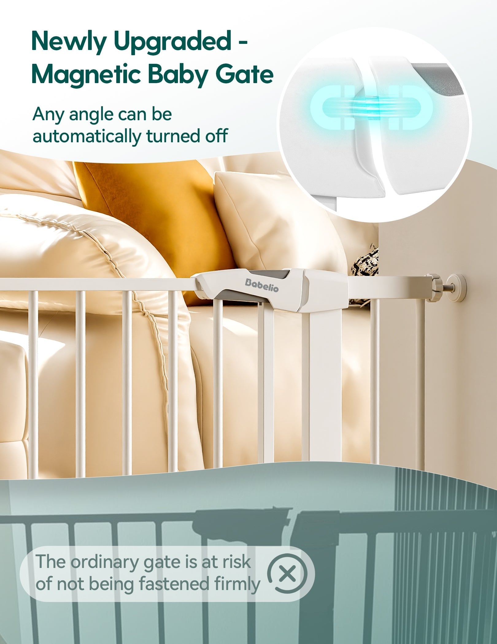 Babelio magnetic baby safety gate installed in living room, close-up design detail visible.