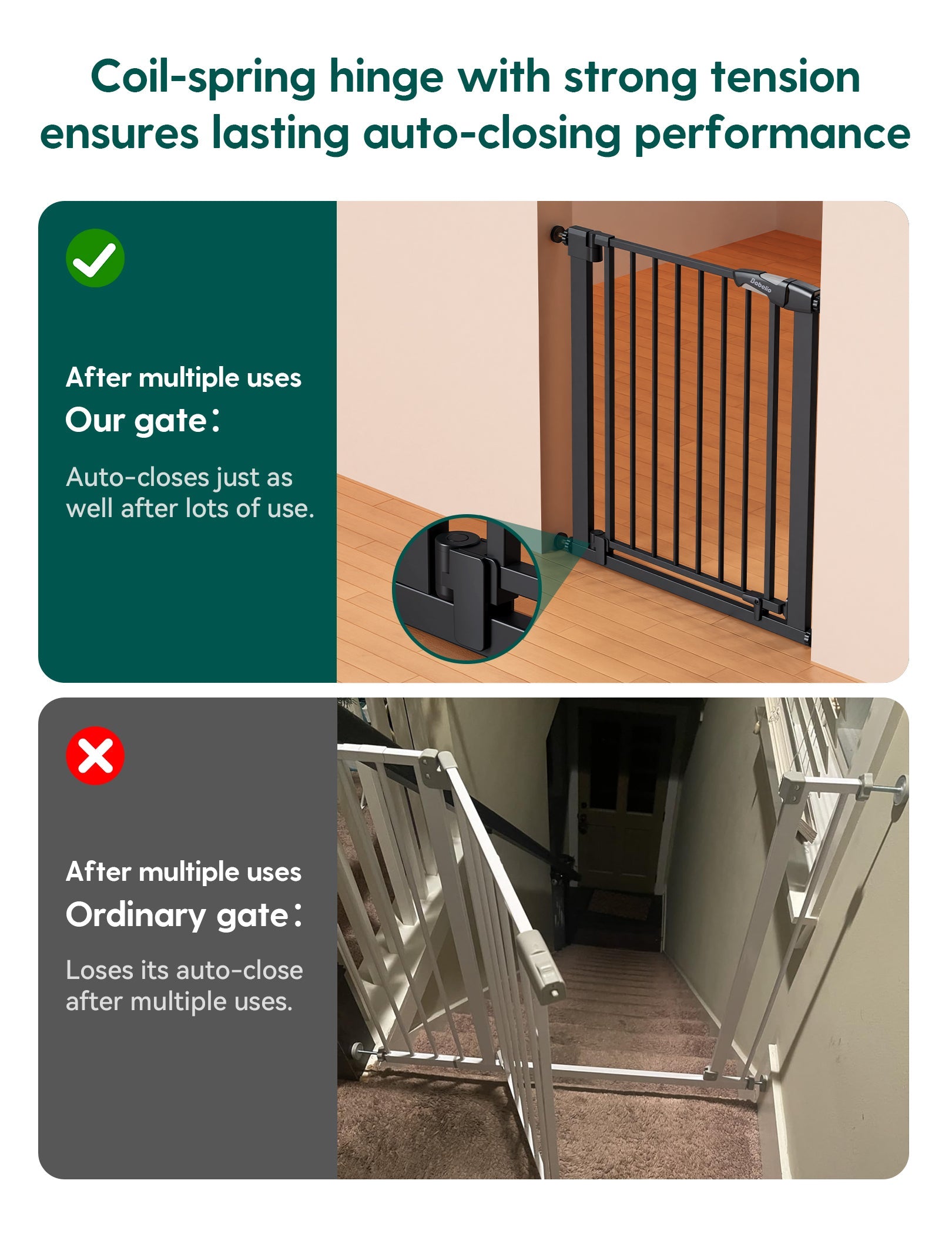 Babelio black baby safety gate with auto-closing hinge in hallway, compared to ordinary white gate on stairs.