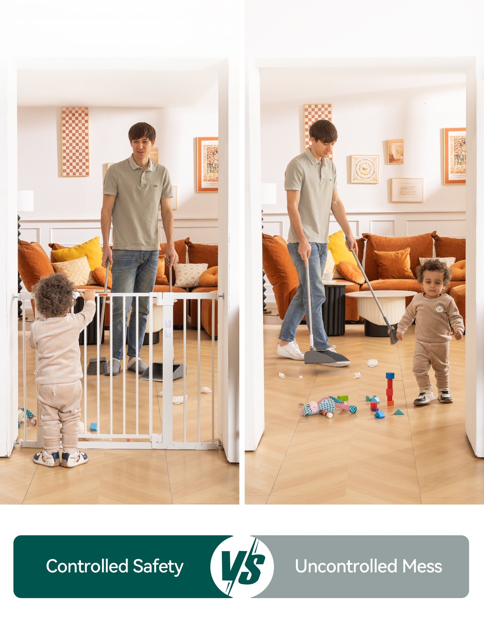 Babelio baby safety gate in modern living room, comparing safe and messy play areas.