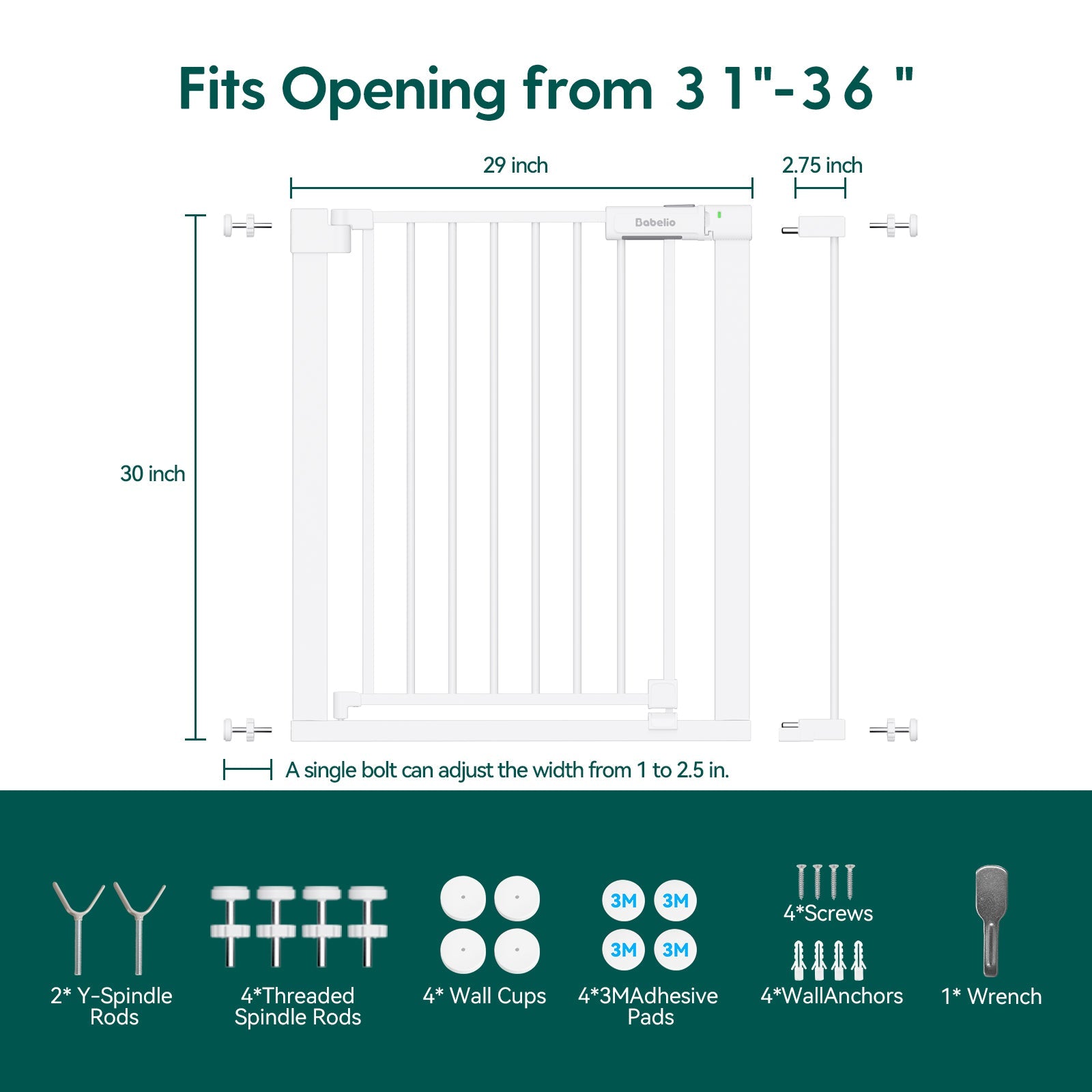 Babelio baby safety gate for doorways, white, with installation hardware and dimensions illustrated